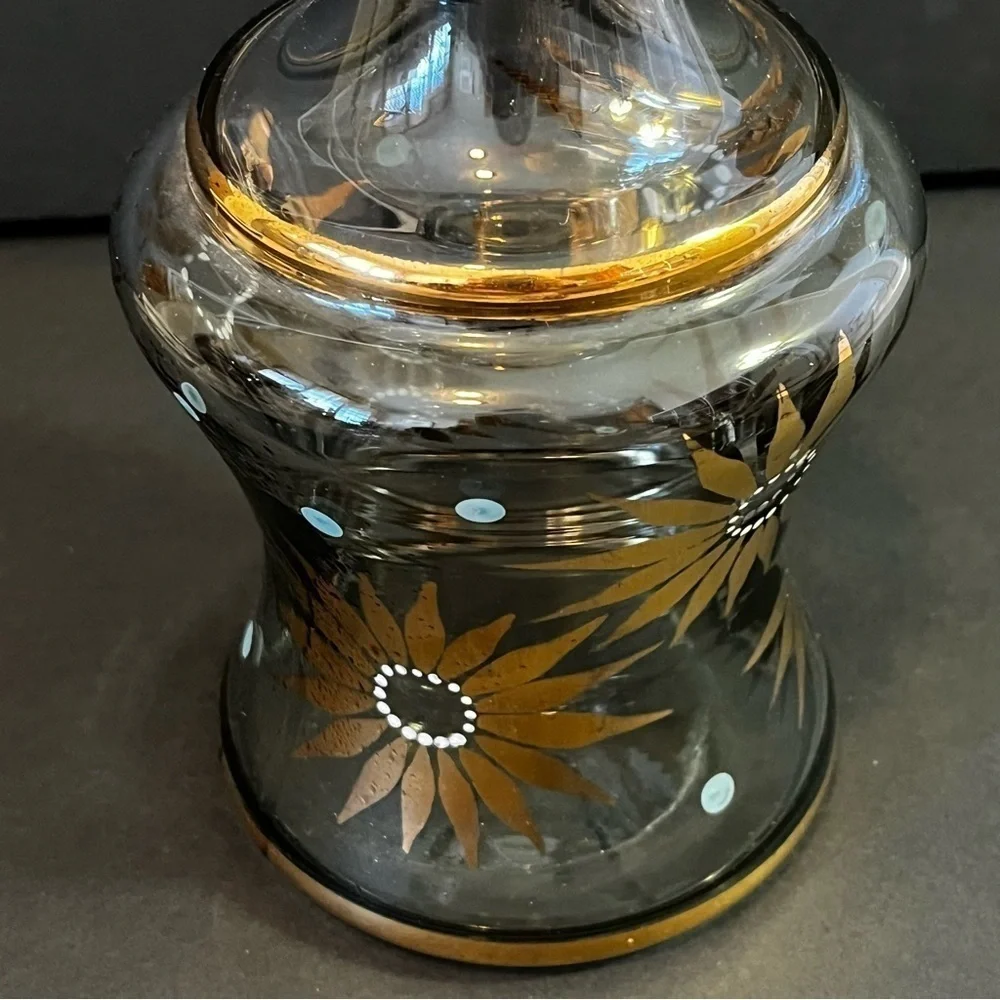Floral Gold Gilt Glass Wine Liquor Decanter Mid Century Mad Men Bar Cart Painted
